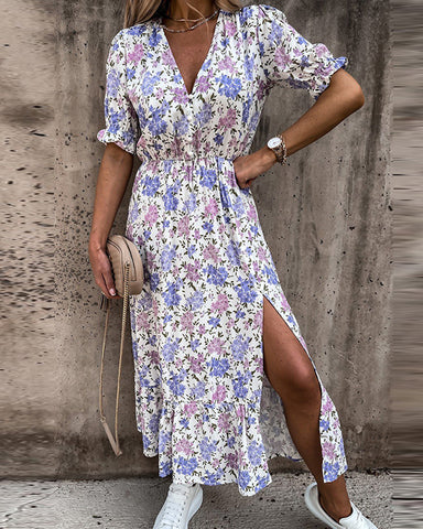 Robe de plage longue fleurie Mauve