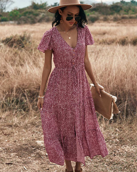 Robe de plage longue rouge à points